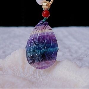 Fresh water Pearl & 
Fluorite Carved Fox 🦊 Necklace